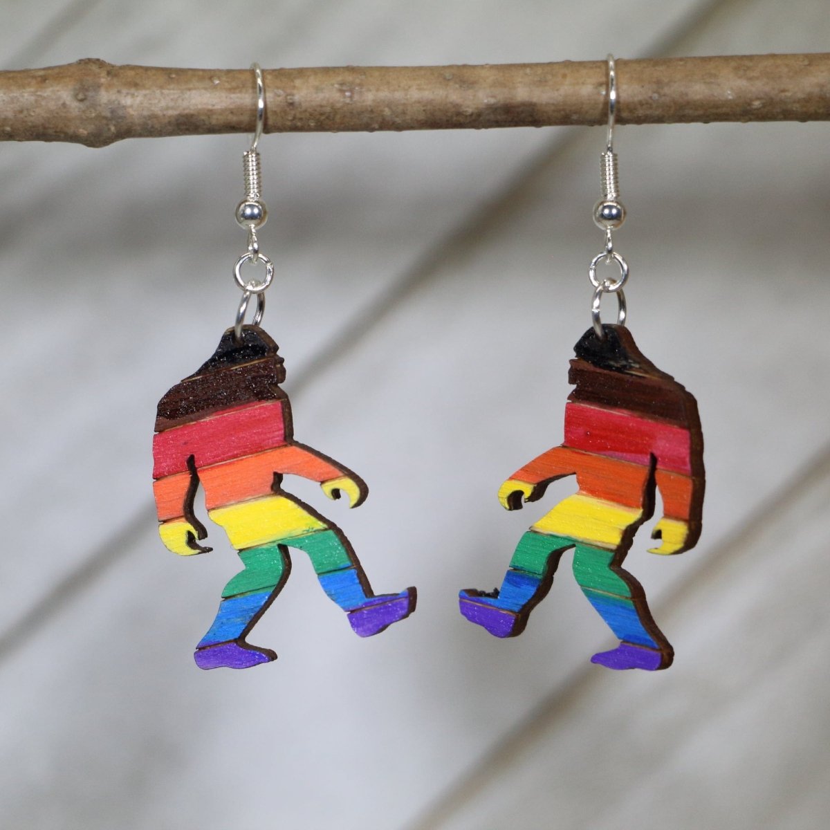 Bigfoot Rainbow Pride Wooden Earrings | LGBTQ Sasquatch Jewelry detail view by Cate's Concepts, LLC
