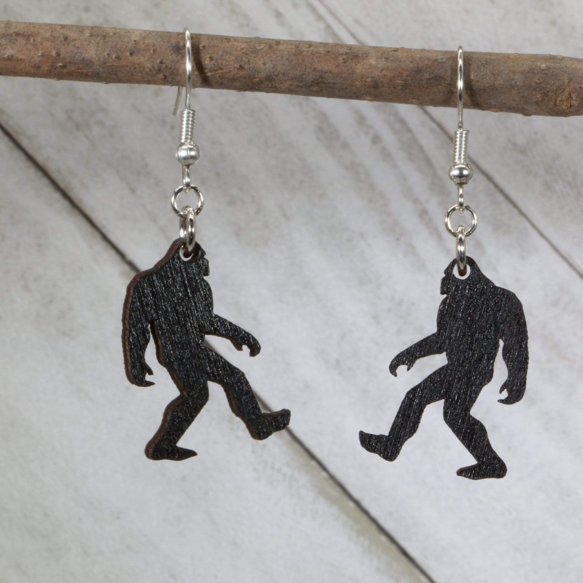 Bigfoot Wooden Dangle Earrings | Sasquatch Cryptid Jewelry detail view by Cate's Concepts, LLC