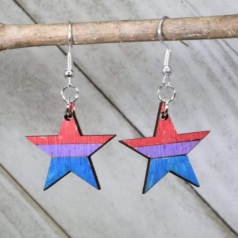 Bisexual Pride Star Wooden Earrings | Bi Flag Jewelry detail view by Cate's Concepts, LLC