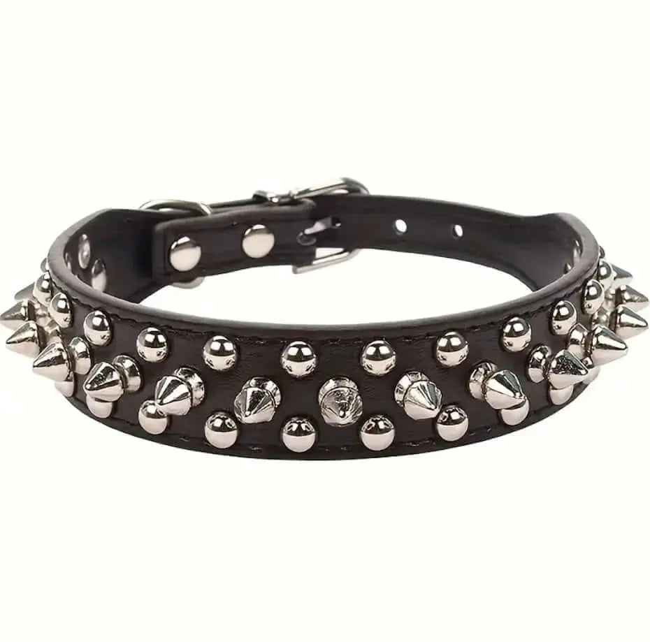 Black Spiked Studded Dog Collar — Adjustable Leather XS–XXL by Coastal Couture Pet Boutique, handmade leather goods detail photo 2