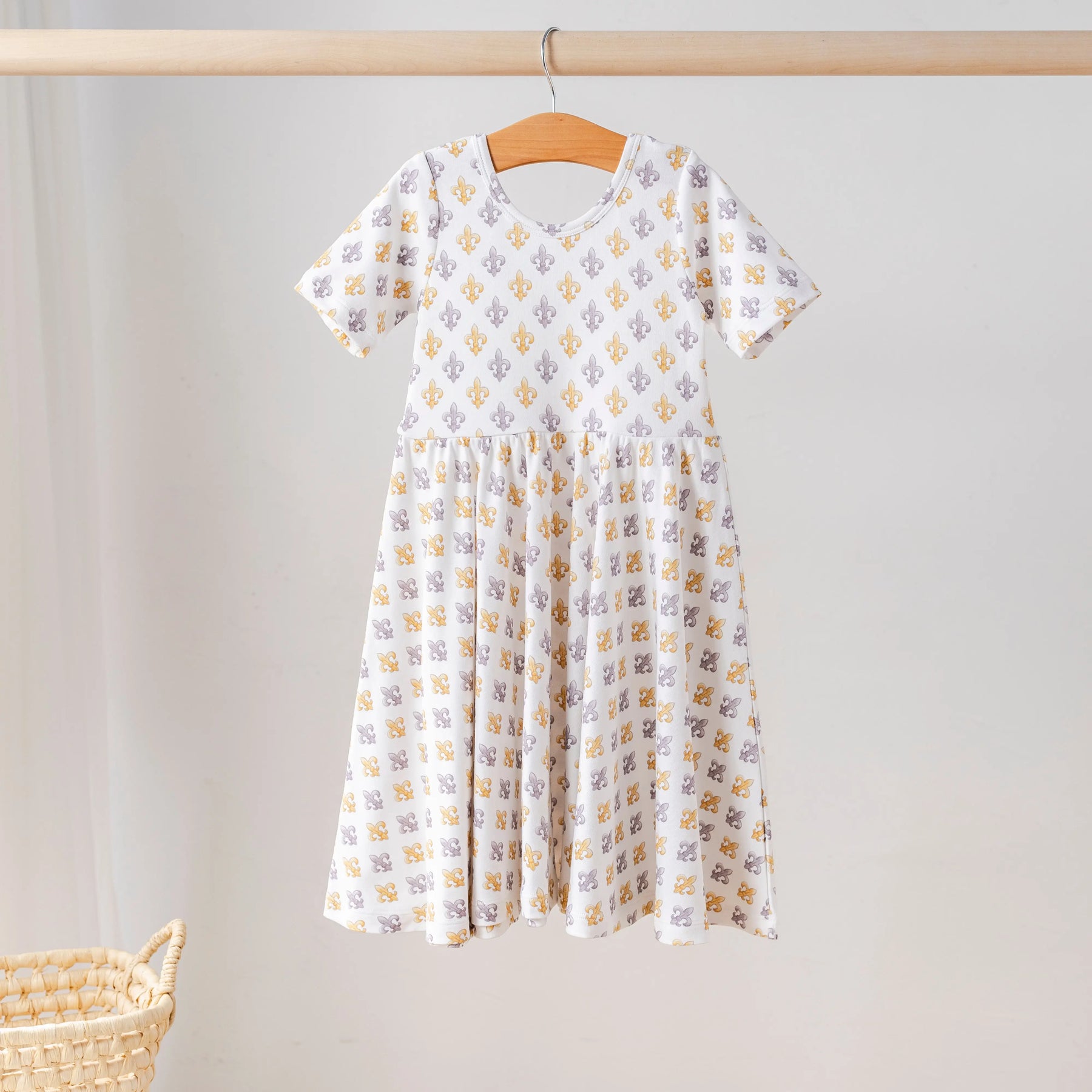 Black and Gold Fleur de Lis Organic Cotton Dress for Kids by Nola Tawk, Southern lifestyle apparel main product photo