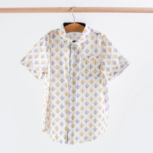Black and Gold Fleur de Lis Short Sleeve Collared Shirt by Nola Tawk, Southern lifestyle apparel main product photo