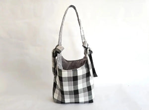 Black and White Buffalo Plaid Tote Bag – Handmade Farmhouse Shoulder Bag, Neutral Everyday Purse, Gingham Market Tote by Maypop House Designs, handmade leather goods main product