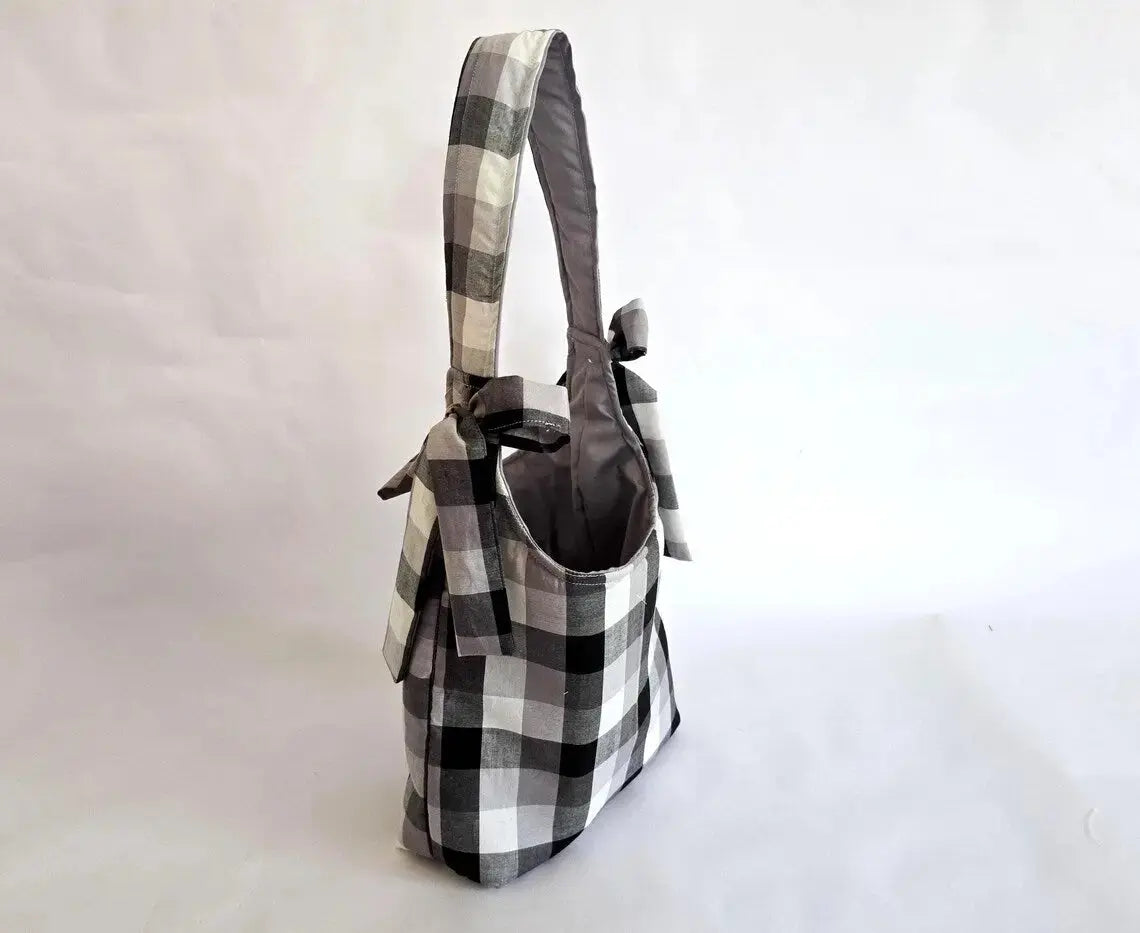 Black and White Buffalo Plaid Tote Bag – Handmade Farmhouse Shoulder Bag, Neutral Everyday Purse, Gingham Market Tote by Maypop House Designs, handmade leather goods detail photo 3