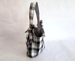 Black and White Buffalo Plaid Tote Bag – Handmade Farmhouse Shoulder Bag, Neutral Everyday Purse, Gingham Market Tote by Maypop House Designs, handmade leather goods detail photo 3