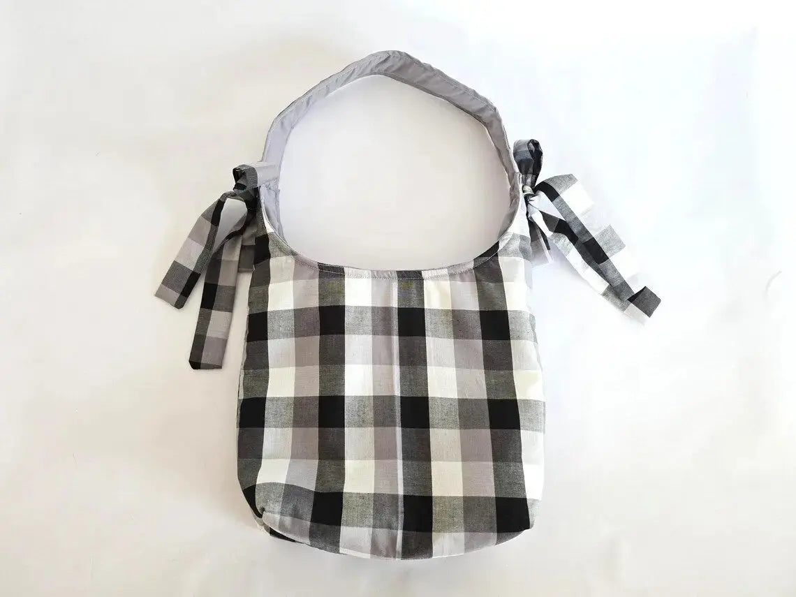 Black and White Buffalo Plaid Tote Bag – Handmade Farmhouse Shoulder Bag, Neutral Everyday Purse, Gingham Market Tote by Maypop House Designs, handmade leather goods detail photo 4