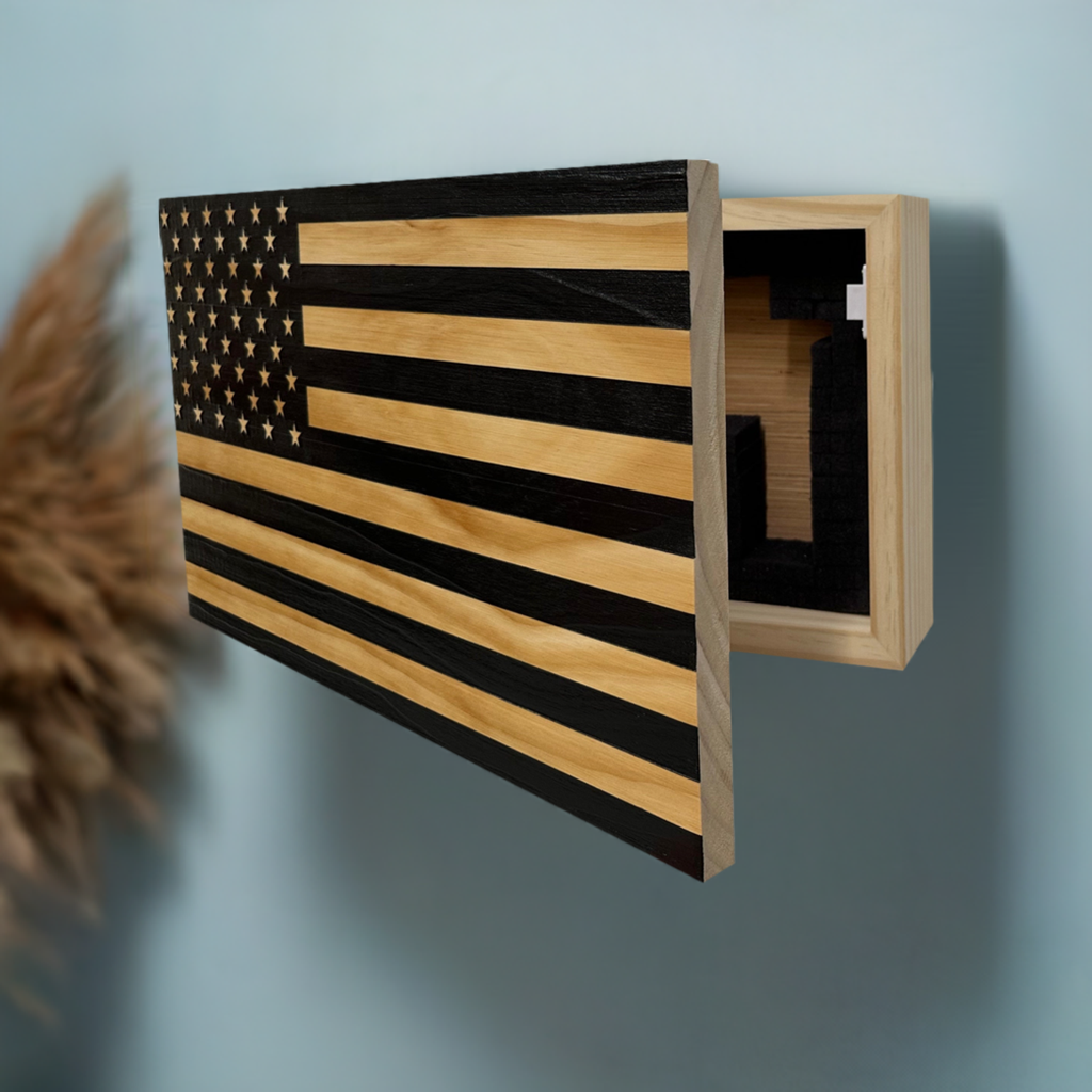 American Flag Decorative & Secure Wall-Mounted Gun Cabinet (Black) by Bellewood Designs, Southern home decor detail photo 2