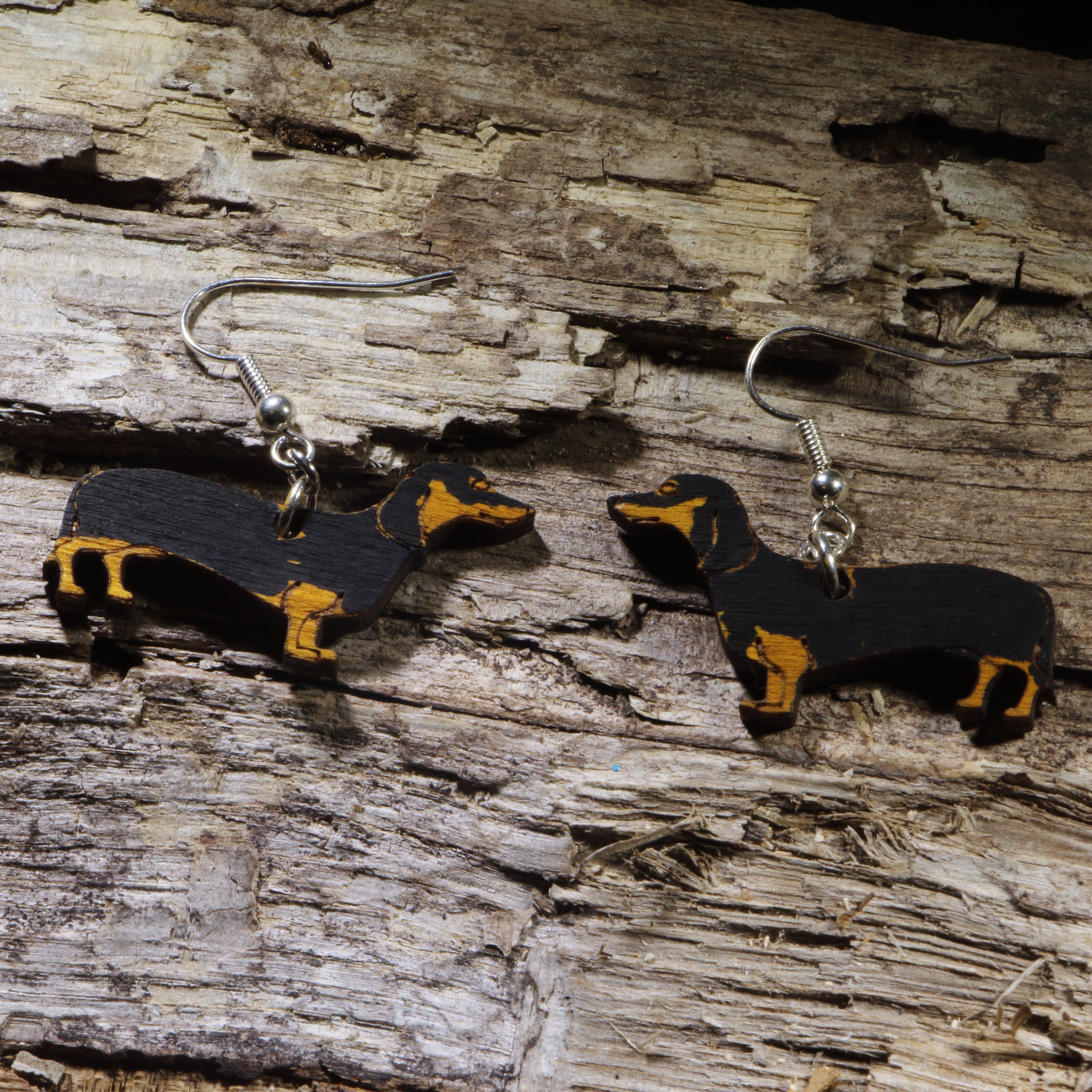 Black & Tan Dachshund Wooden Dangle Earrings | Wiener Dog Jewelry by Cate's Concepts, LLC