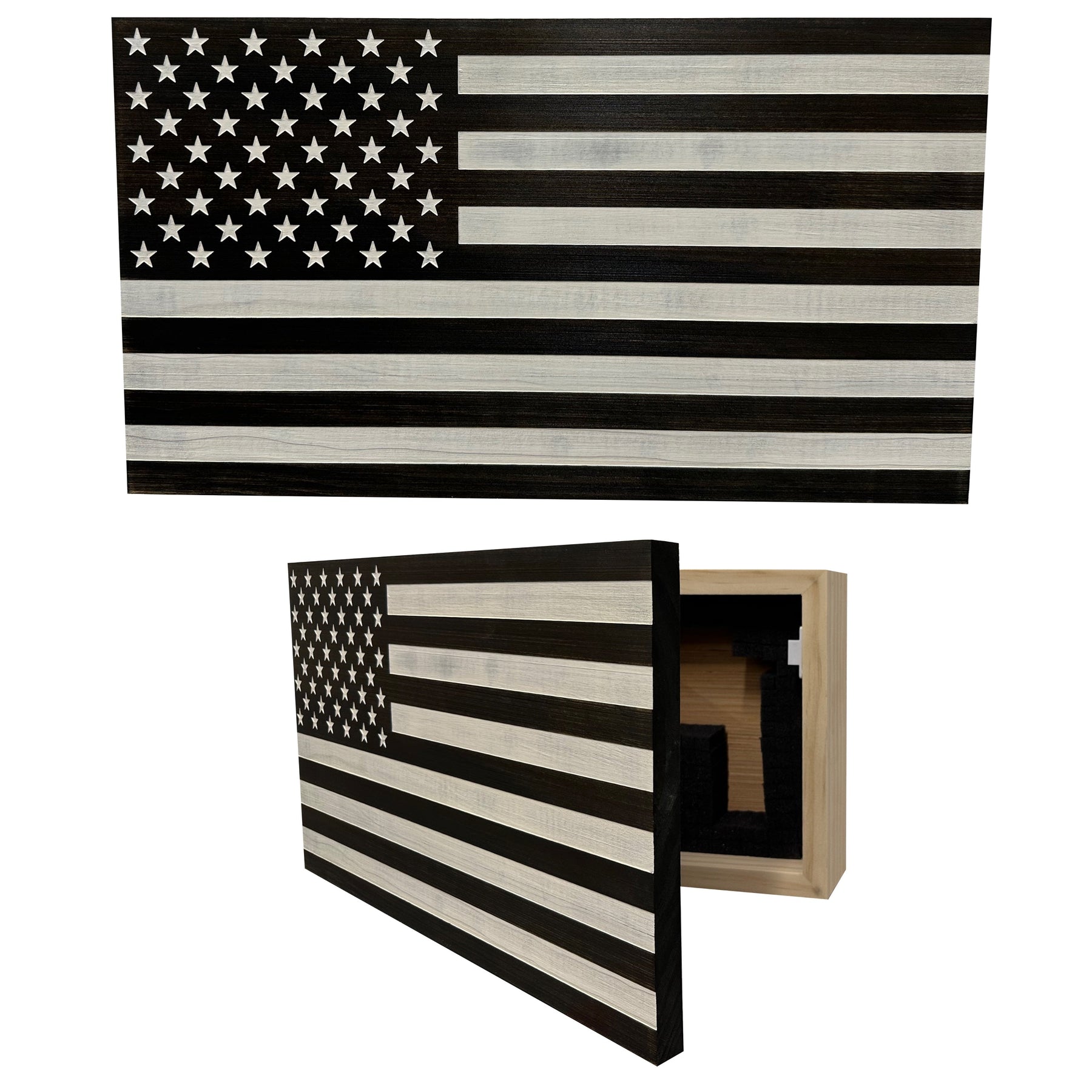 American Flag Decorative & Secure Wall-Mounted Gun Cabinet (Black & White Distressed) by Bellewood Designs, Southern home decor main product photo