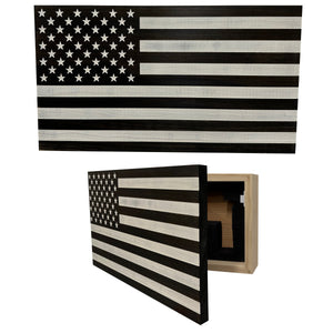 American Flag Decorative & Secure Wall-Mounted Gun Cabinet (Black & White Distressed) by Bellewood Designs, Southern home decor main product photo