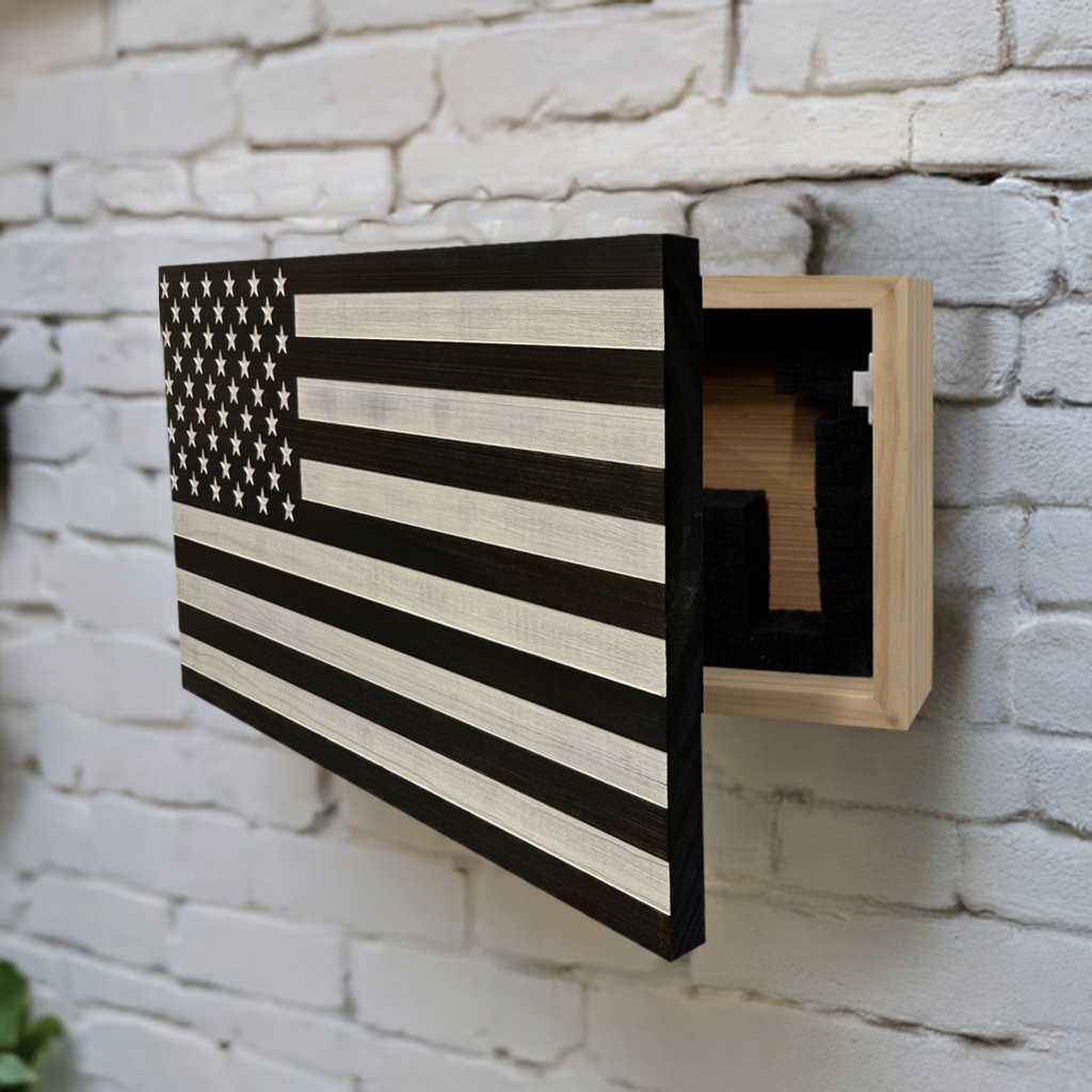 American Flag Decorative & Secure Wall-Mounted Gun Cabinet (Black & White Distressed) by Bellewood Designs, Southern home decor detail photo 2