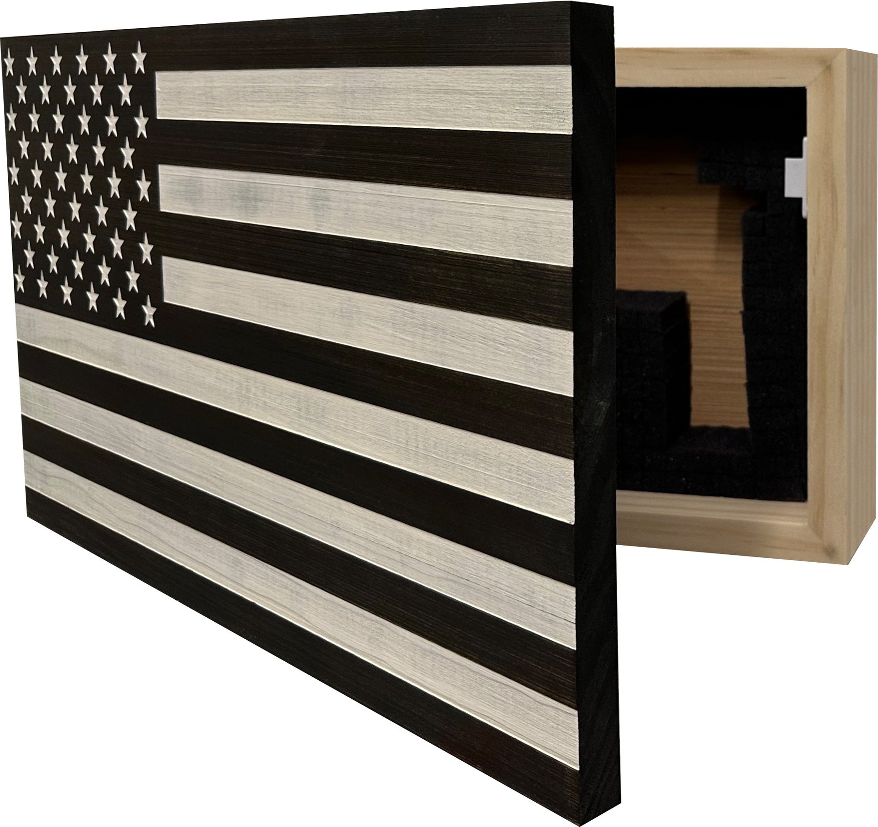 American Flag Decorative & Secure Wall-Mounted Gun Cabinet (Black & White Distressed) by Bellewood Designs, Southern home decor detail photo 5