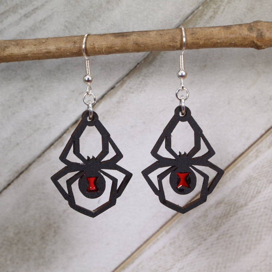 Black Widow Spider Wood Resin Earrings | Gothic Insect Jewelry by Cate's Concepts, LLC, handmade jewelry main product photo