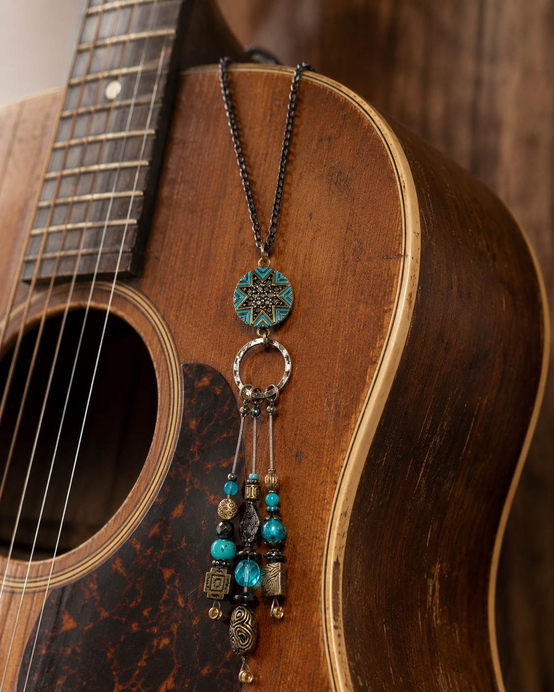 Black and Aqua Guitar String Necklace by N Harmony Jewelry, handmade jewelry main product photo