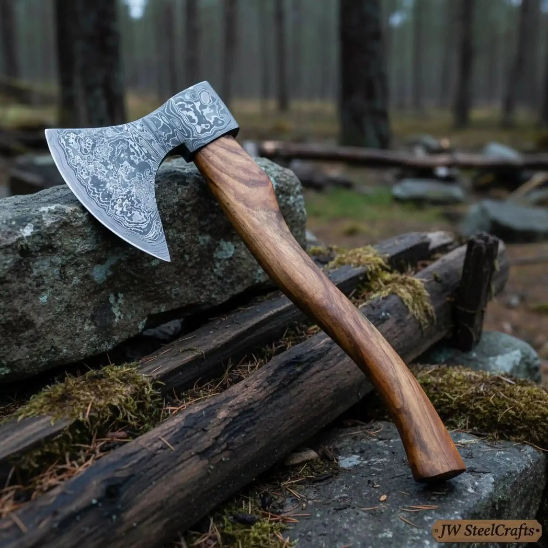 Hand Engraved Norse Viking Bearded Axe with Damascus Steel Blade and Carved Hardwood Handle | JW SteelCrafts by JW SteelCrafts, Southern lifestyle apparel main product photo