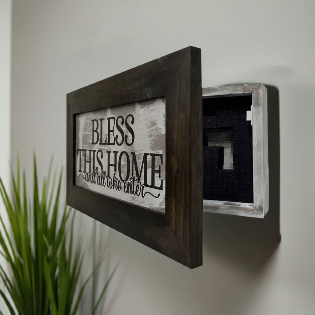 Bless This Home and All Who Enter Hidden Gun Storage Wall Decor - Hand-Painted Gun Concealment Decor - Gun Shelf Hidden Storage with Magnetic Lock for by Bellewood Designs