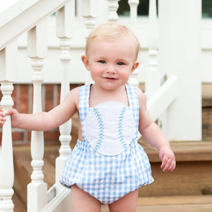 Blue Baseball Sunsuit by Seven Lantern Lane, children's boutique clothing main product photo