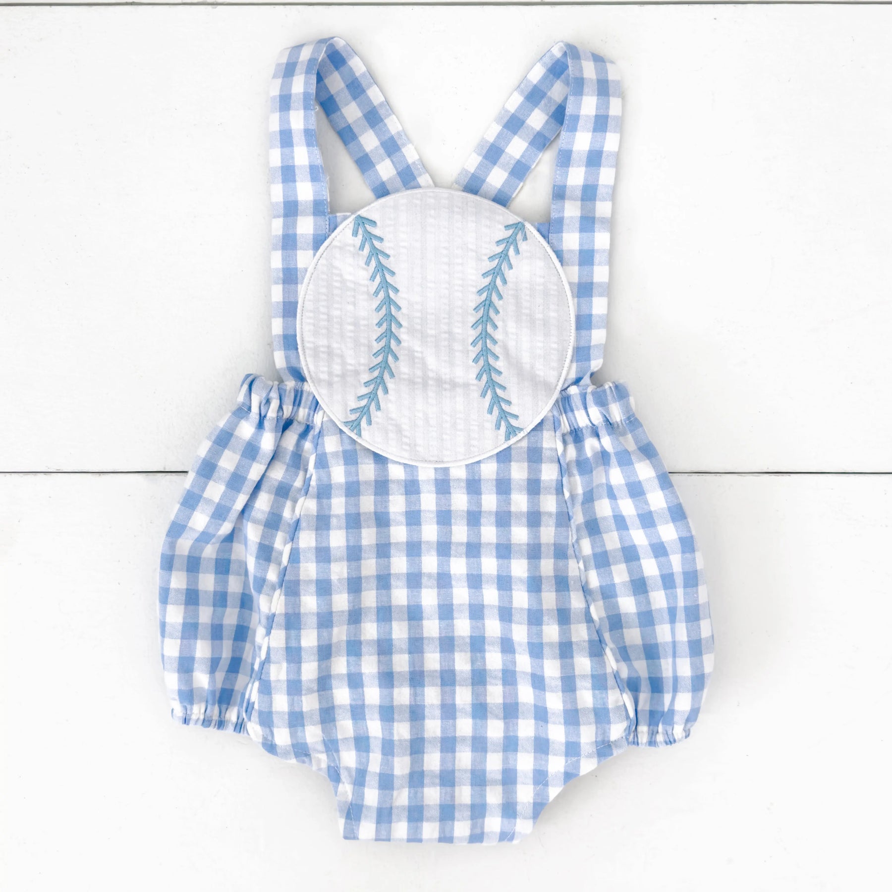 Blue Baseball Sunsuit by Seven Lantern Lane, children's boutique clothing detail photo 3