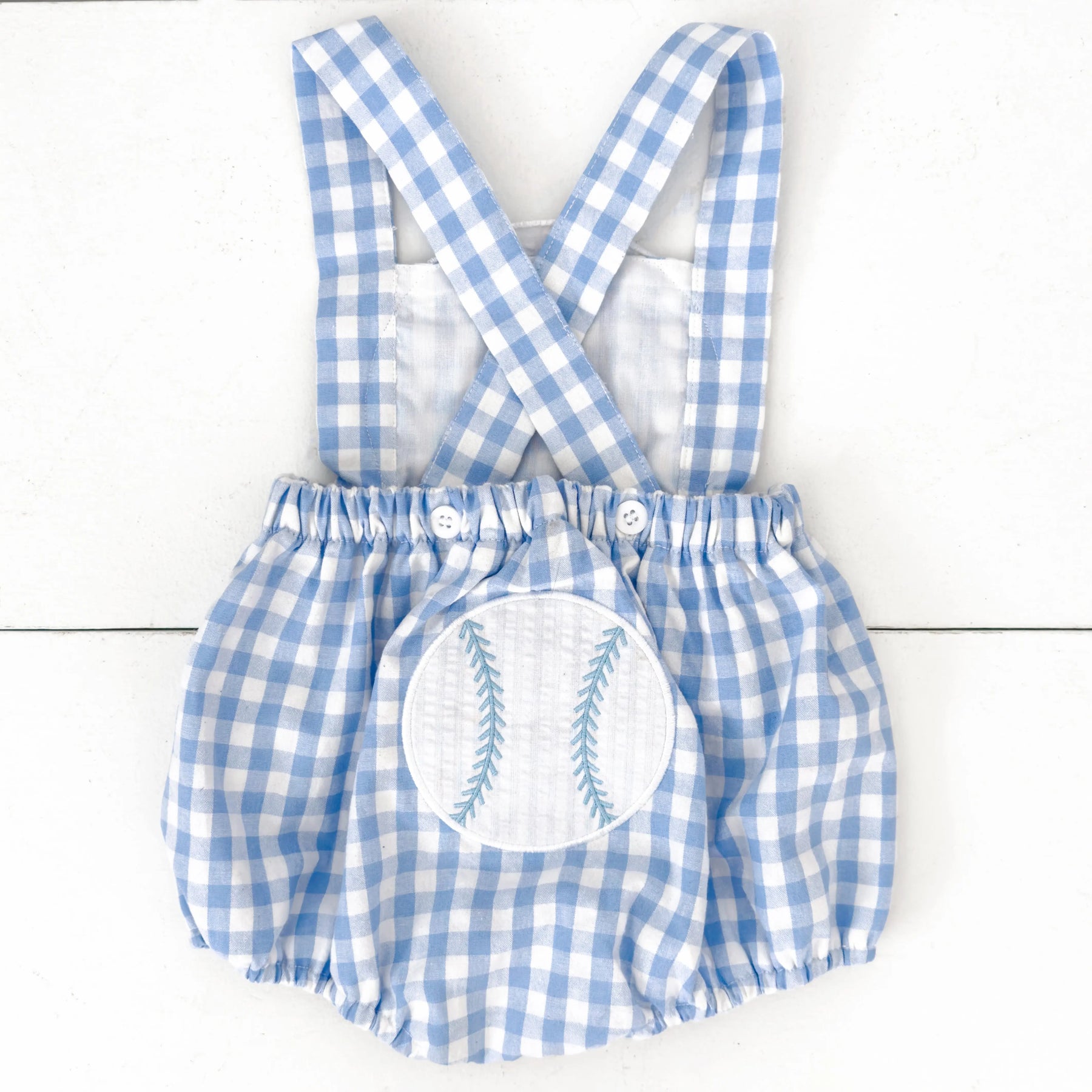 Blue Baseball Sunsuit by Seven Lantern Lane, children's boutique clothing detail photo 6
