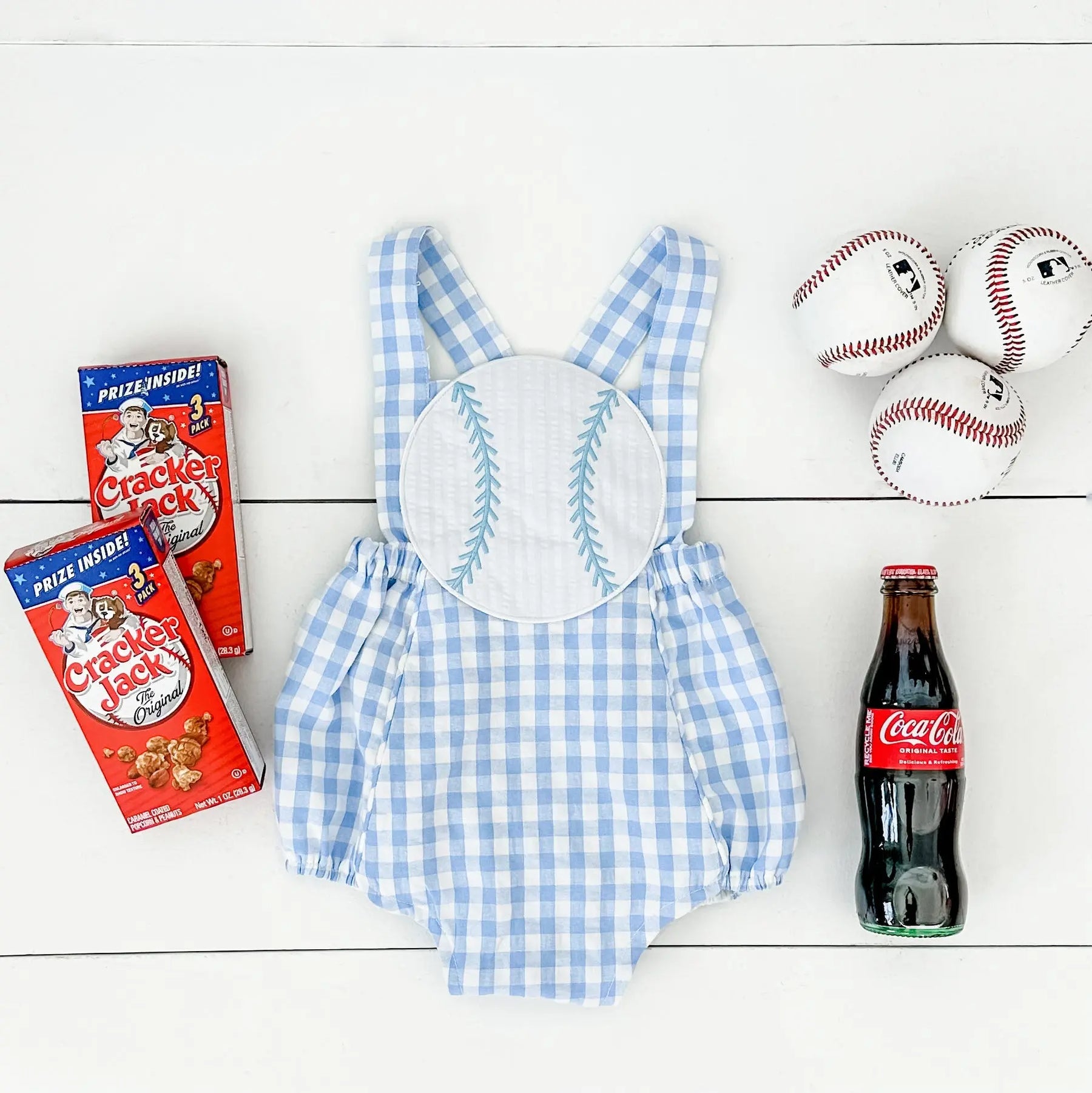 Blue Baseball Sunsuit by Seven Lantern Lane, children's boutique clothing detail photo 12