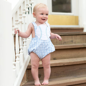 Blue Baseball Sunsuit by Seven Lantern Lane, children's boutique clothing detail photo 14