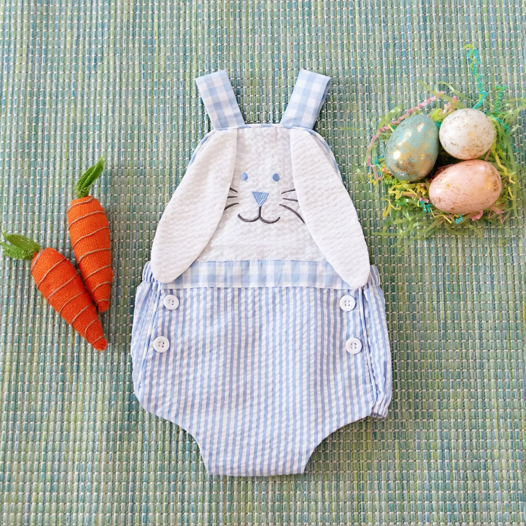 Blue Bunny Sunsuit by Seven Lantern Lane, children's boutique clothing main product photo