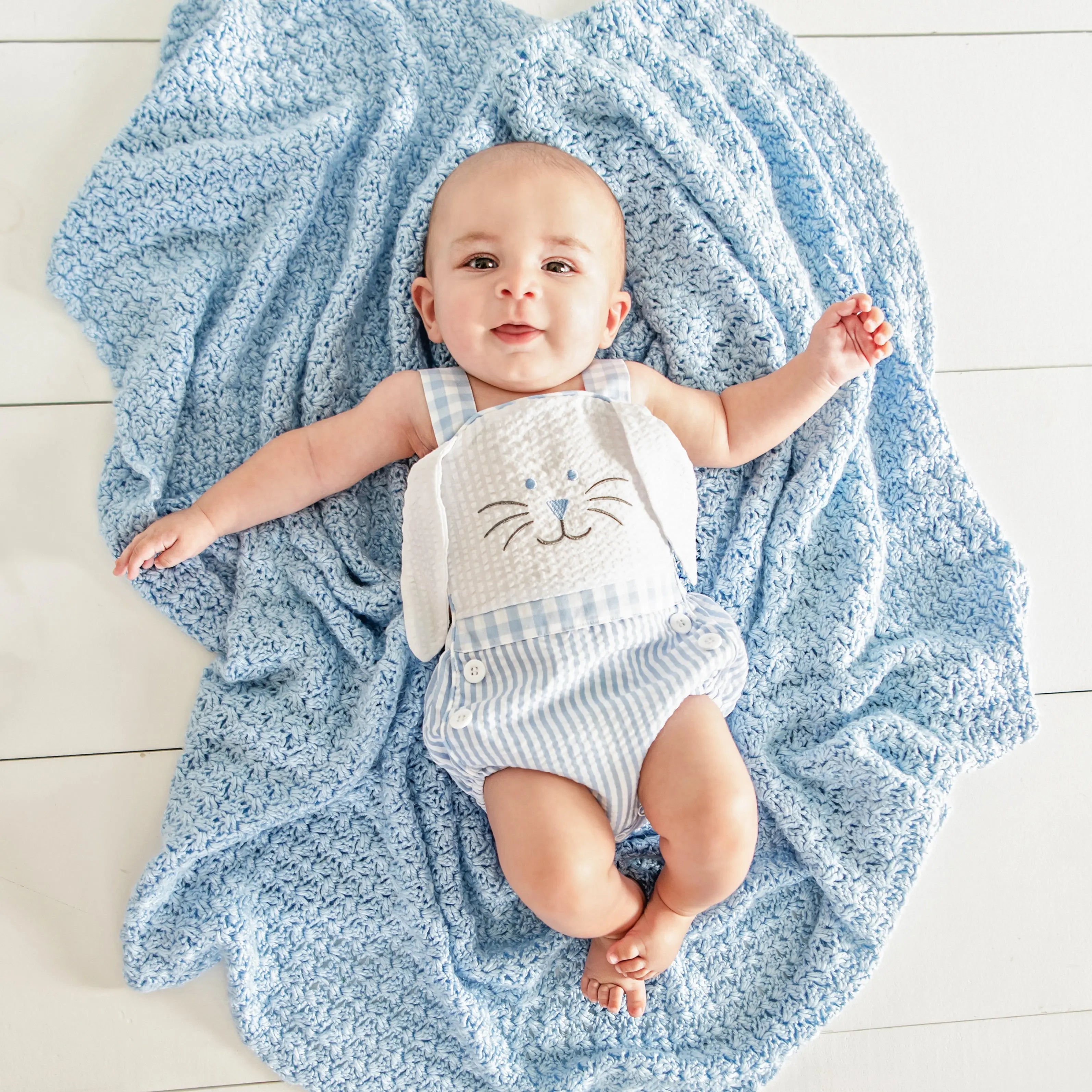 Blue Bunny Sunsuit by Seven Lantern Lane, children's boutique clothing detail photo 2