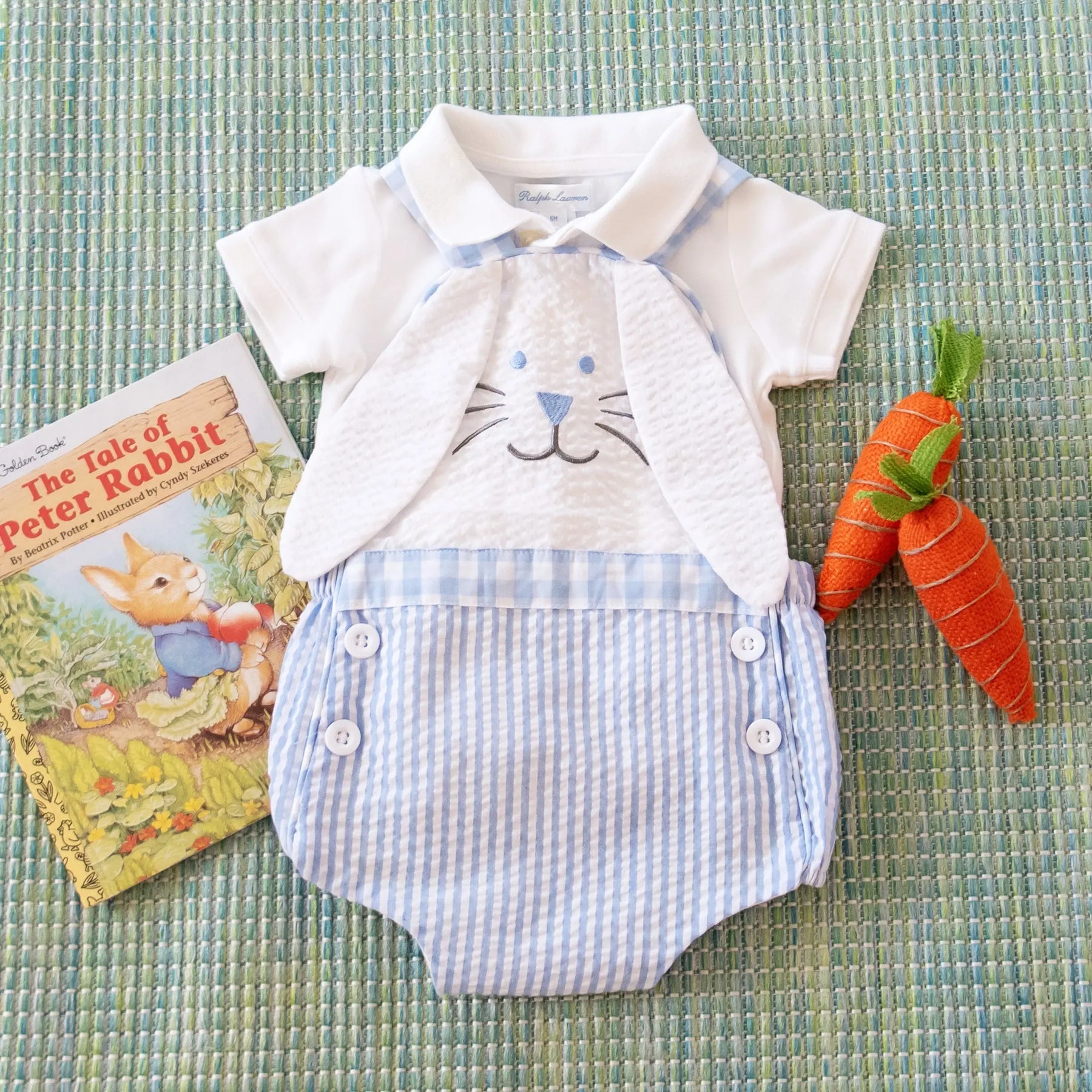 Blue Bunny Sunsuit by Seven Lantern Lane, children's boutique clothing detail photo 3
