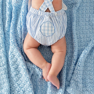 Blue Bunny Sunsuit by Seven Lantern Lane, children's boutique clothing detail photo 5