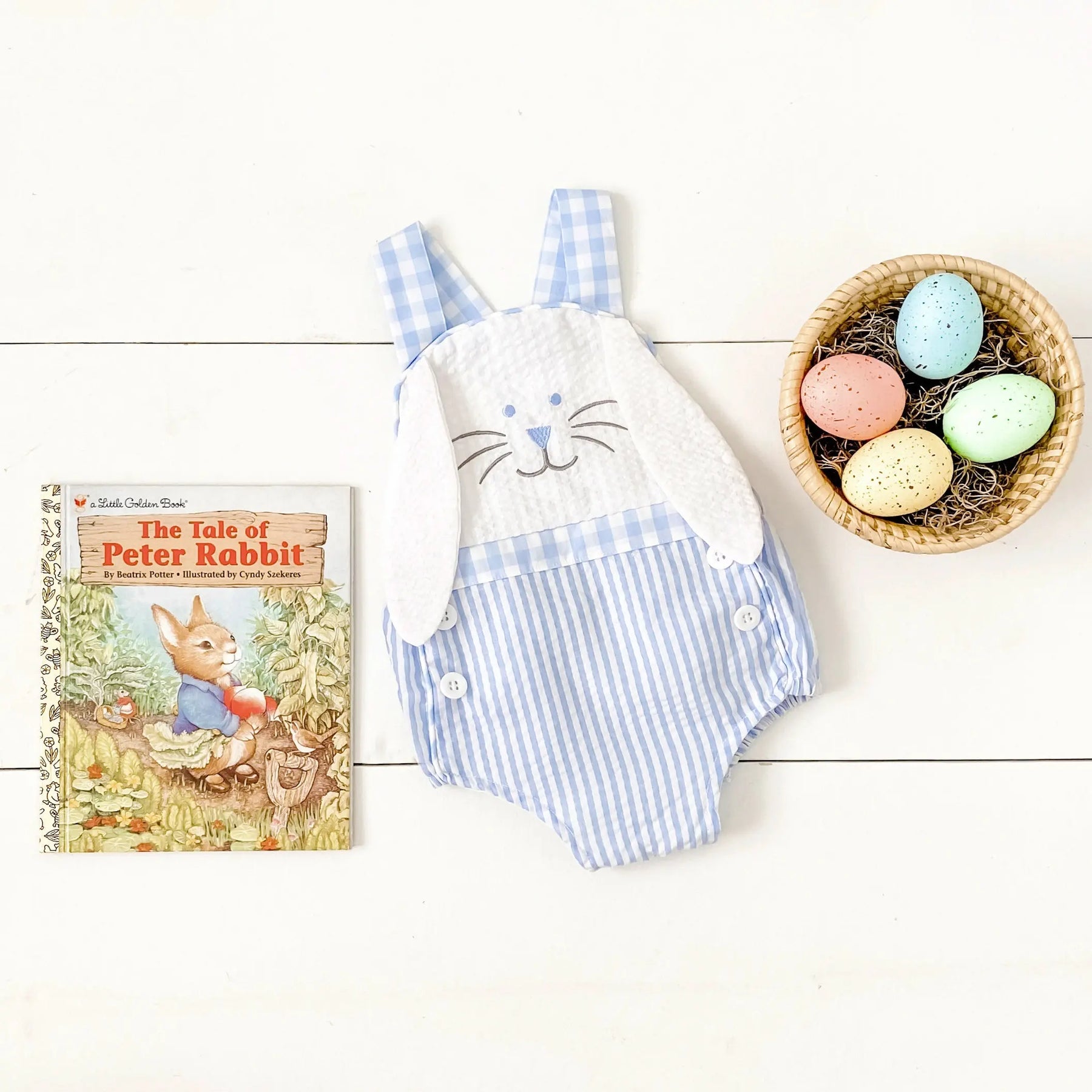 Blue Bunny Sunsuit by Seven Lantern Lane, children's boutique clothing detail photo 8