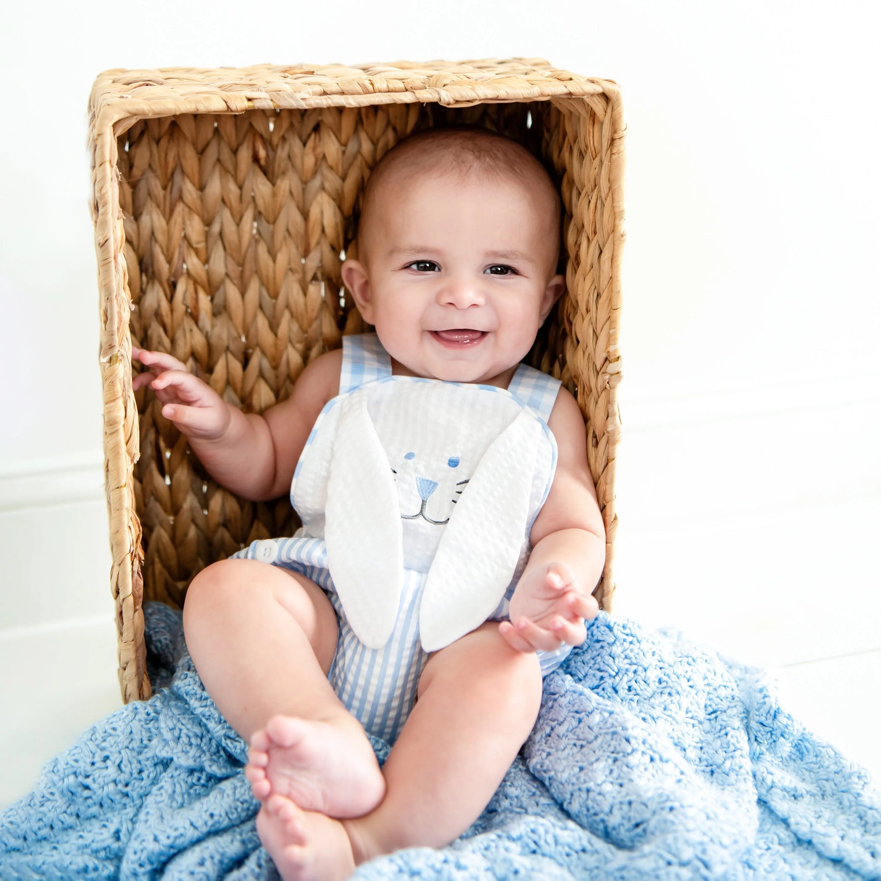 Blue Bunny Sunsuit by Seven Lantern Lane, children's boutique clothing detail photo 10