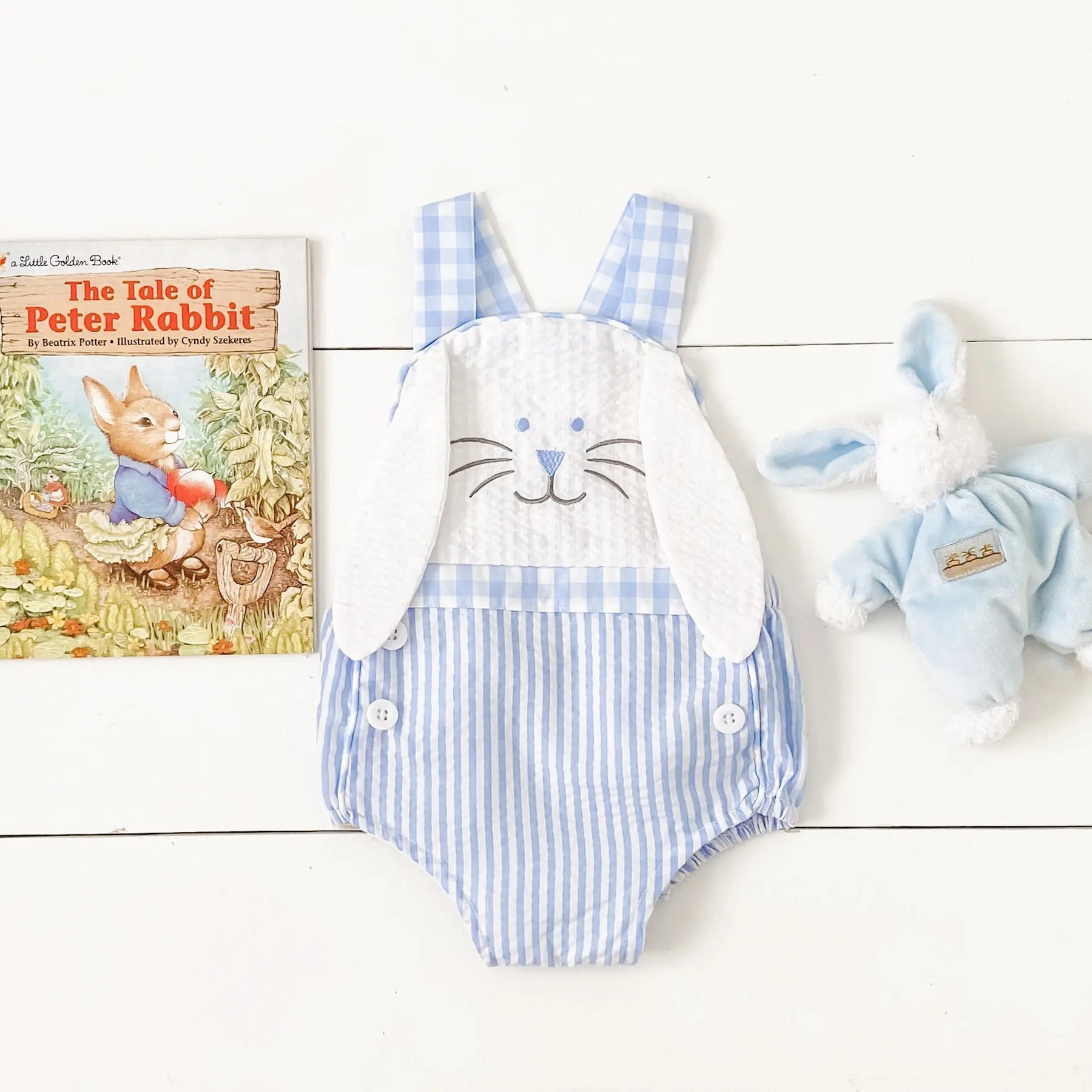 Blue Bunny Sunsuit by Seven Lantern Lane, children's boutique clothing detail photo 11