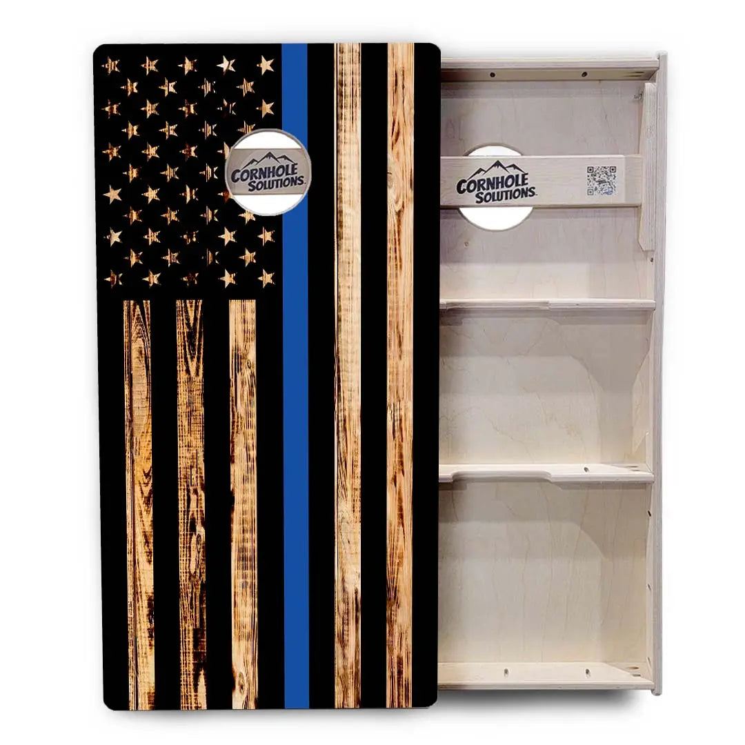 Blue & Red Line Burnt Flag Cornhole Boards - Professional Tournament Series by Cornhole Solutions, custom cornhole board detail photo 5