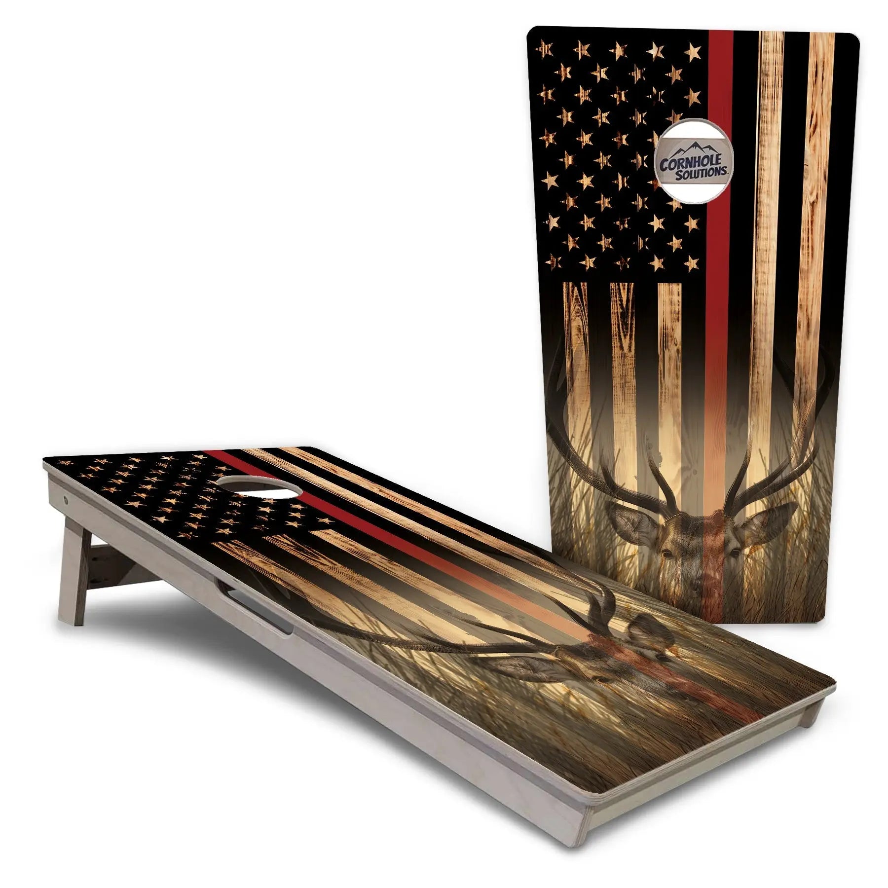 Blue & Red Line Burnt Flag Deer & Fish Cornhole Boards - Professional Tournament Series by Cornhole Solutions, custom cornhole board detail photo 2
