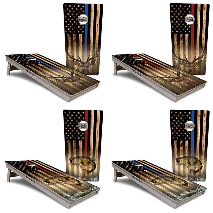 Blue & Red Line Burnt Flag Deer & Fish Cornhole Boards - Professional Tournament Series by Cornhole Solutions, custom cornhole board detail photo 5