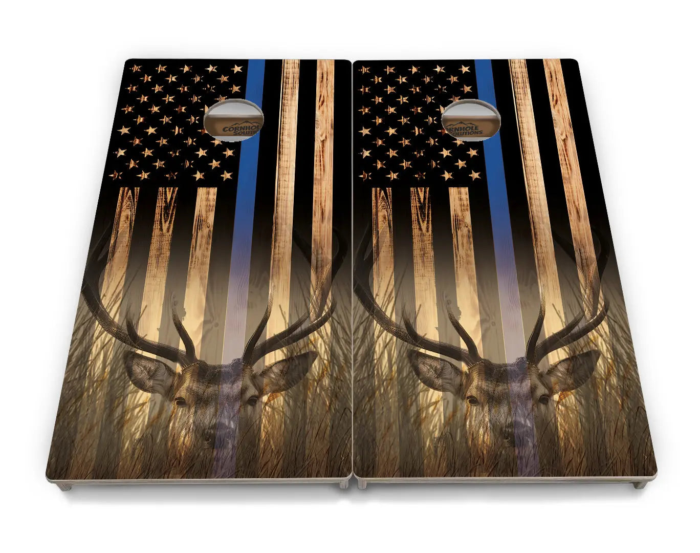 Blue & Red Line Burnt Flag Deer & Fish Cornhole Boards - Professional Tournament Series by Cornhole Solutions, custom cornhole board detail photo 8