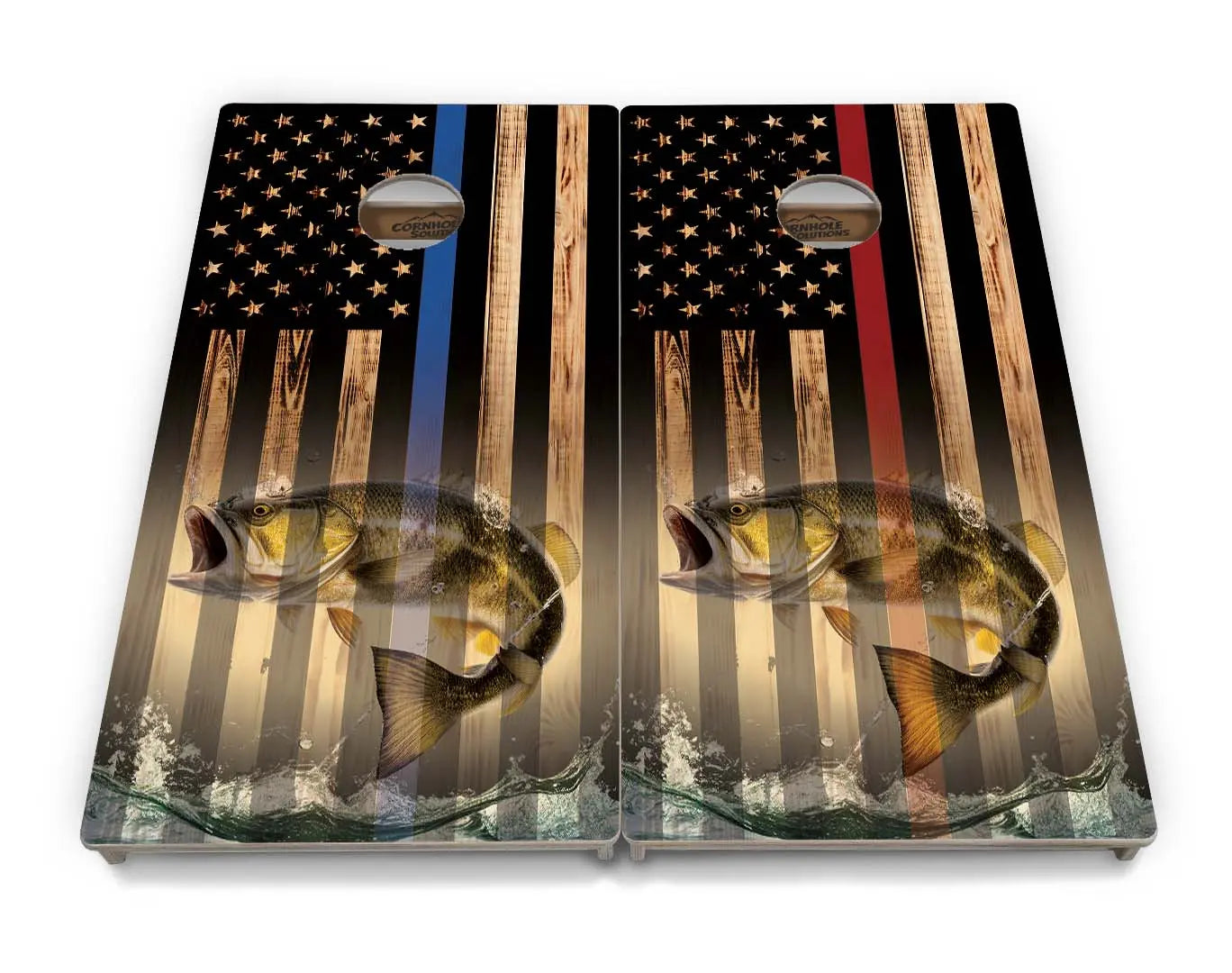 Blue & Red Line Burnt Flag Deer & Fish Cornhole Boards - Professional Tournament Series by Cornhole Solutions, custom cornhole board detail photo 23
