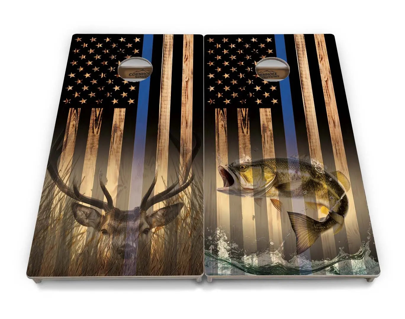 Blue & Red Line Burnt Flag Deer & Fish Cornhole Boards - Professional Tournament Series by Cornhole Solutions, custom cornhole board detail photo 24