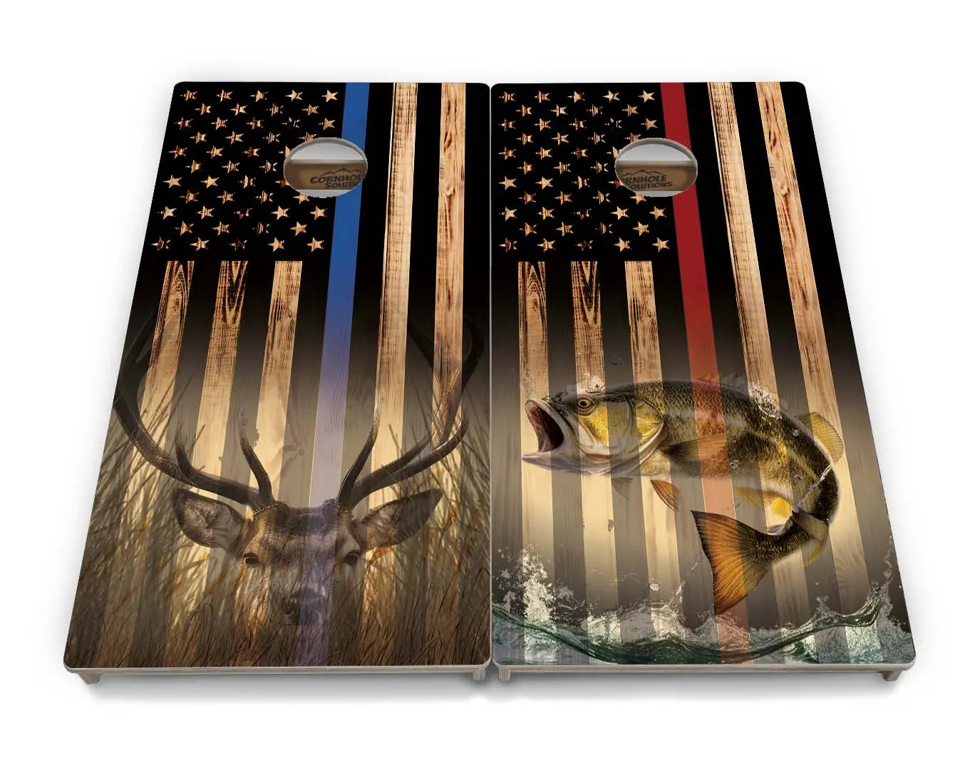 Blue & Red Line Burnt Flag Deer & Fish Cornhole Boards - Professional Tournament Series by Cornhole Solutions, custom cornhole board detail photo 25