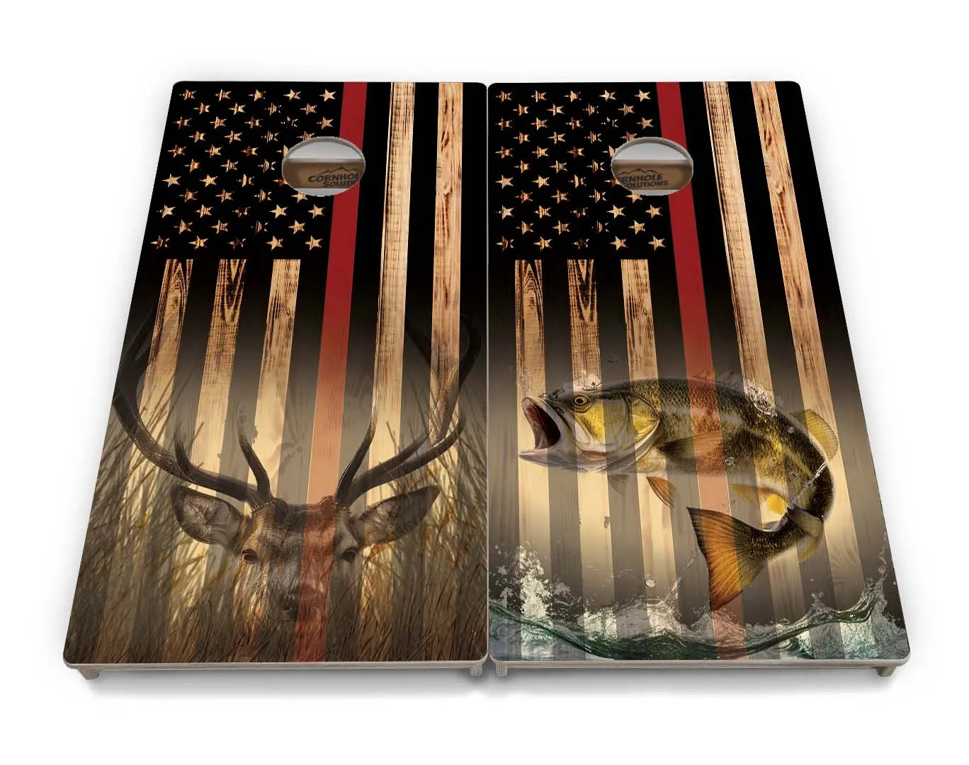 Blue & Red Line Burnt Flag Deer & Fish Cornhole Boards - Professional Tournament Series by Cornhole Solutions, custom cornhole board detail photo 26