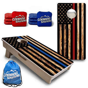 Blue & Red Line Burnt Flag - Mini or Vacation Size Cornhole Boards by Cornhole Solutions, custom cornhole board main product photo