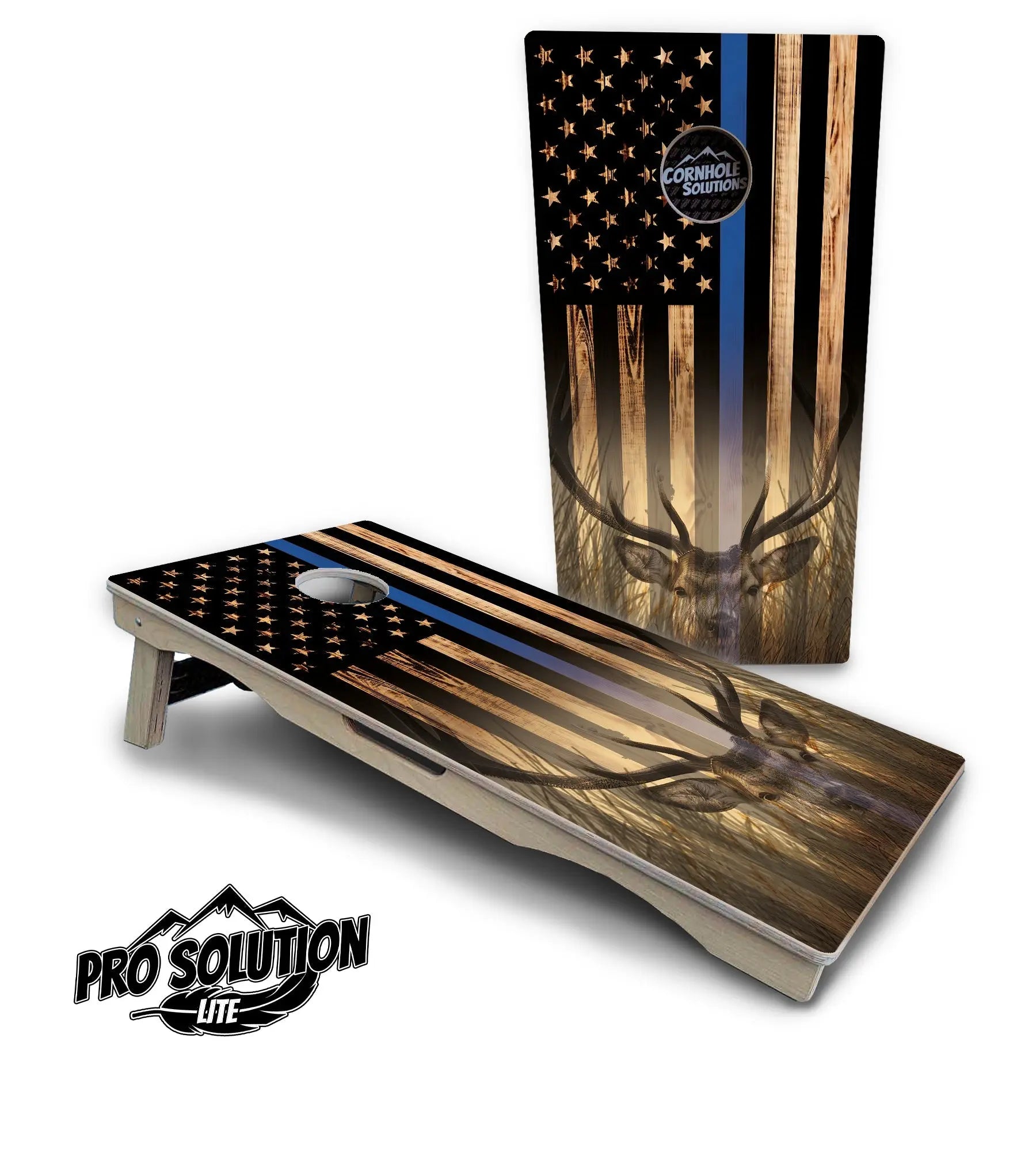 Blue & Red Line Deer & Fish Flag Cornhole Boards - Pro Solution Lite Series by Cornhole Solutions, custom cornhole board main product photo