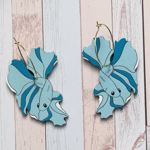 Betta Fish Hoop Earrings, Blue hand painted on lightweight wood by LE CHIC MIAMI