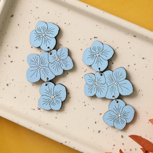 Powder Blue Hydrangea Statement Earrings hand painted on lightweight wood by LE CHIC MIAMI