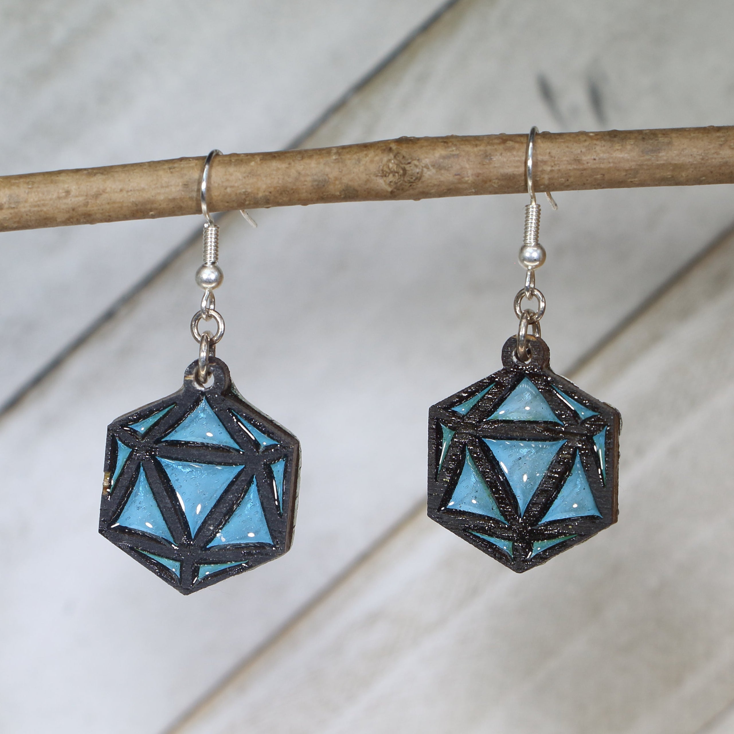 Blue D20 Wooden Dangle Earrings | Dungeons and Dragons Jewelry by Cate's Concepts, LLC
