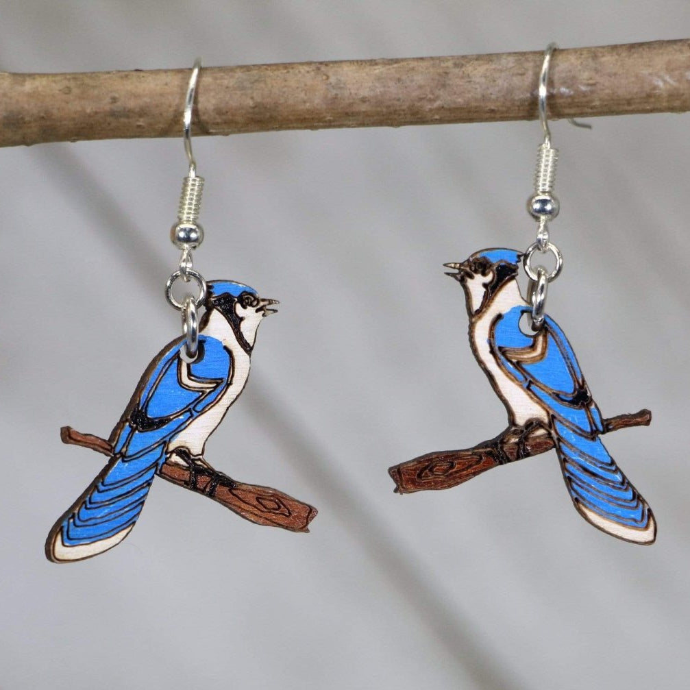 Blue Jay Wooden Dangle Earrings | Realistic Bird Jewelry detail view by Cate's Concepts, LLC
