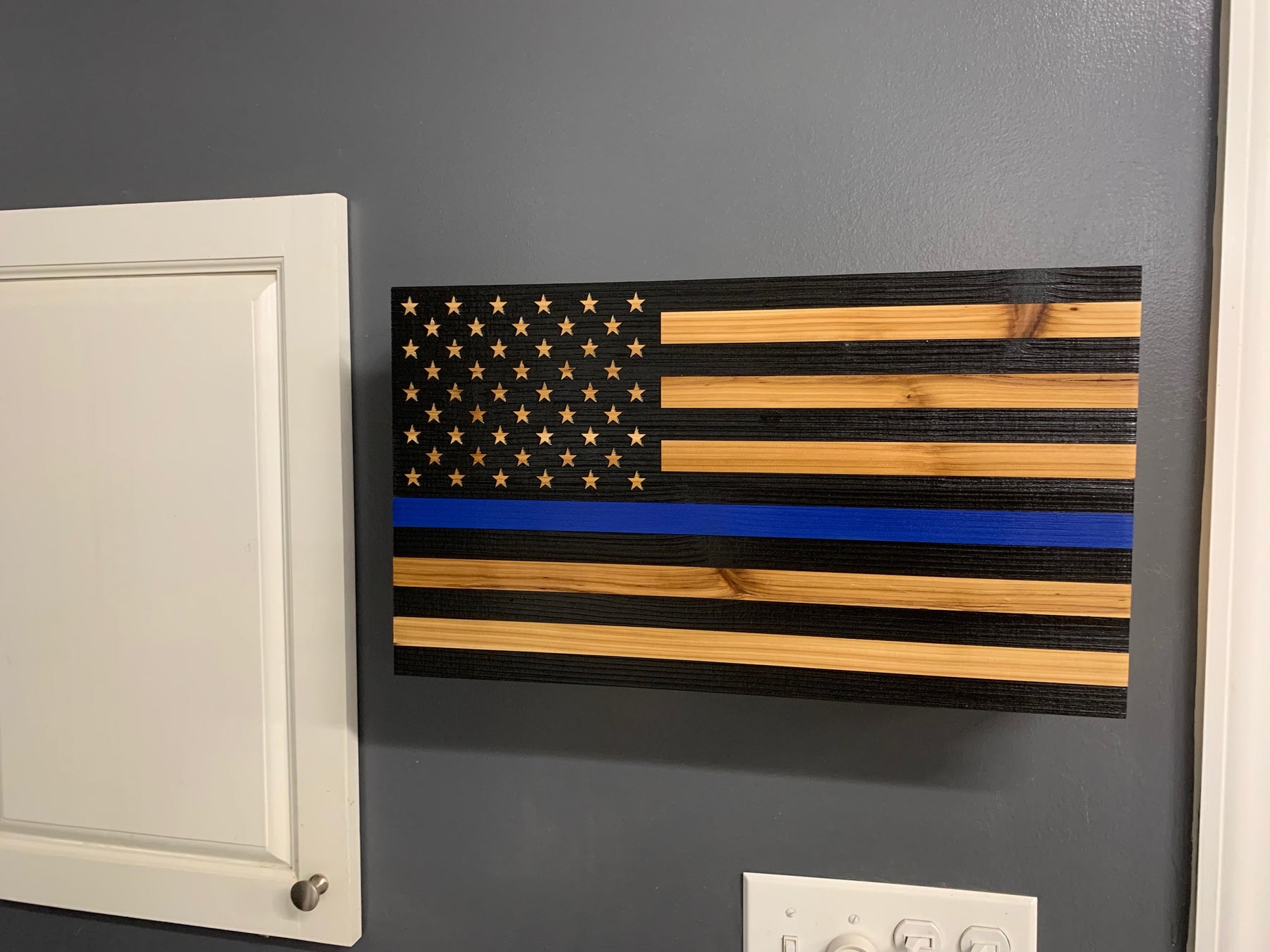 Blue Line American Flag Hidden Gun Storage, Customizable Thin Blue Line Concealment Flag for Police Officers and Law Enforcement Professionals by Bellewood Designs, Southern home
