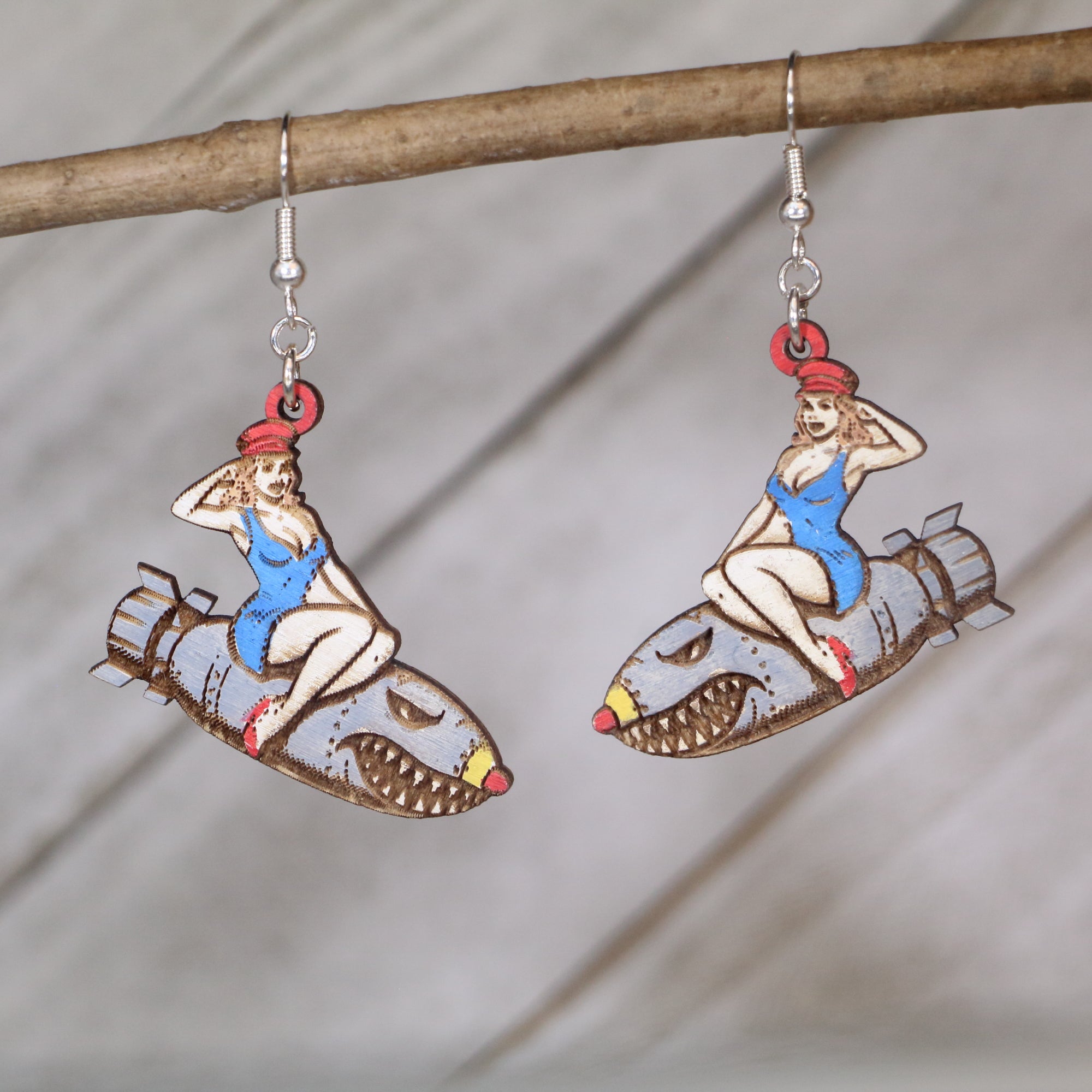 Pin-Up Bomber Girl Wooden Dangle Earrings | Retro Pin-Up Jewelry detail view by Cate's Concepts, LLC