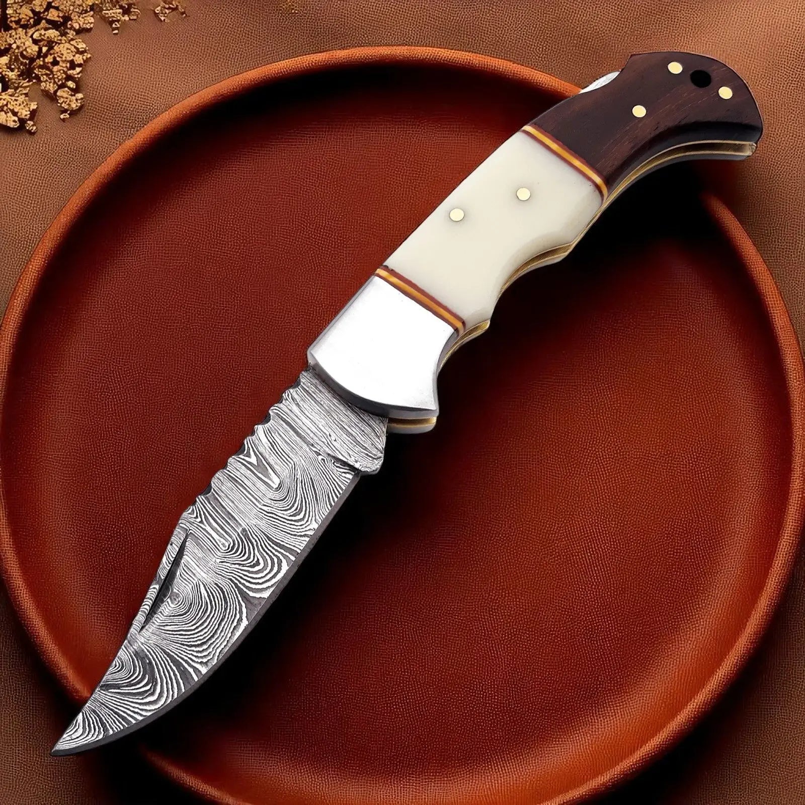 Bone Handle Pocket Knife | with Back Lock by Damascus Knife Store, Damascus knife main product photo