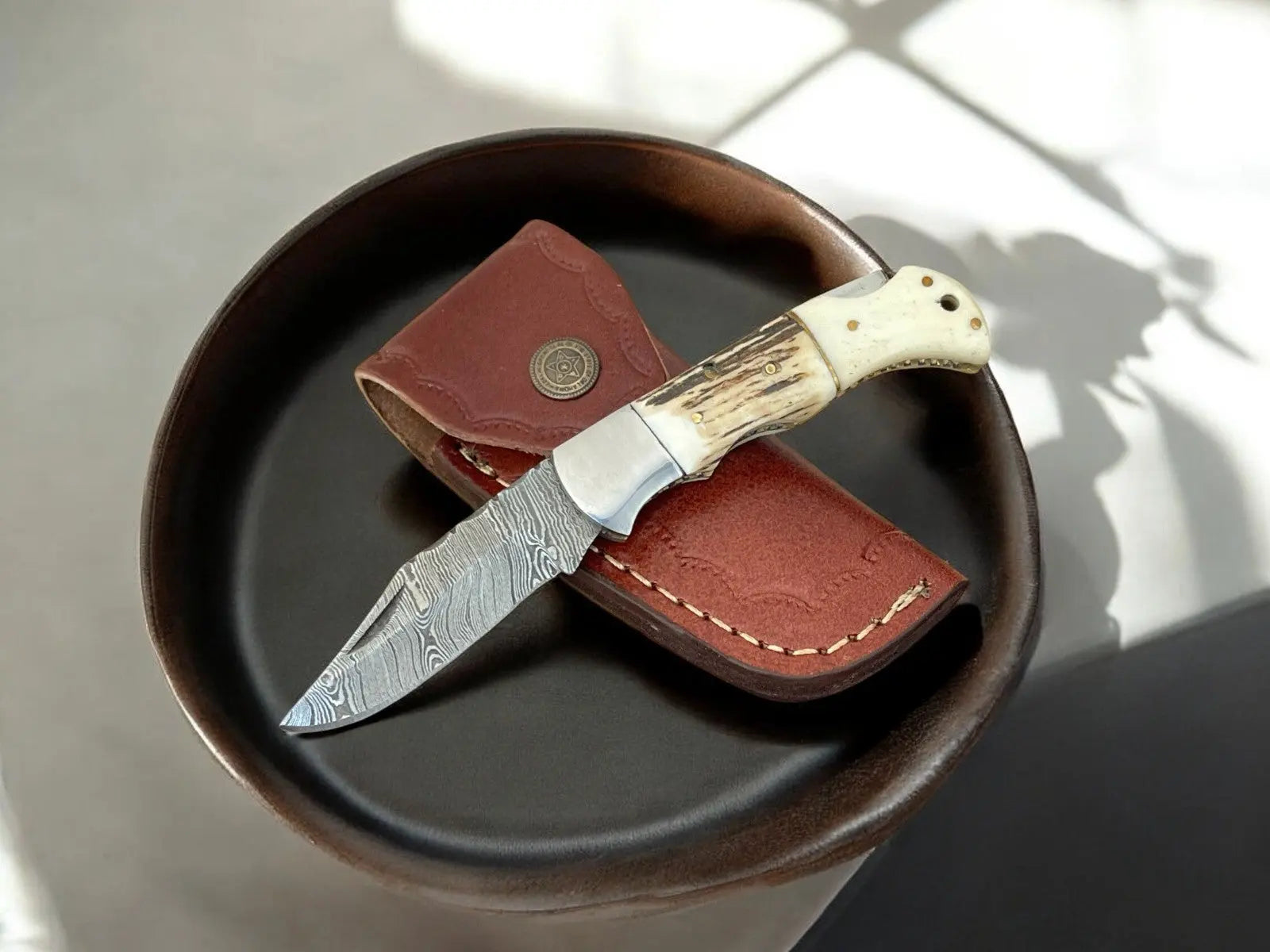 Bone handle pocket Knife – 3" Damascus Blade by Damascus Knife Store, Damascus knife main product photo